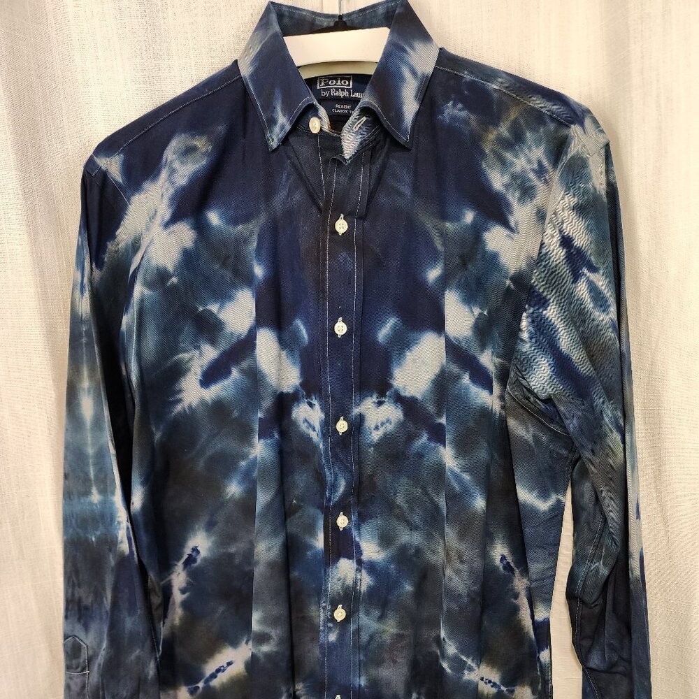 Oregon Rain Men's Dress Shirt | Charcoal Gray & Strong Navy Tie Dye | size 16.5
